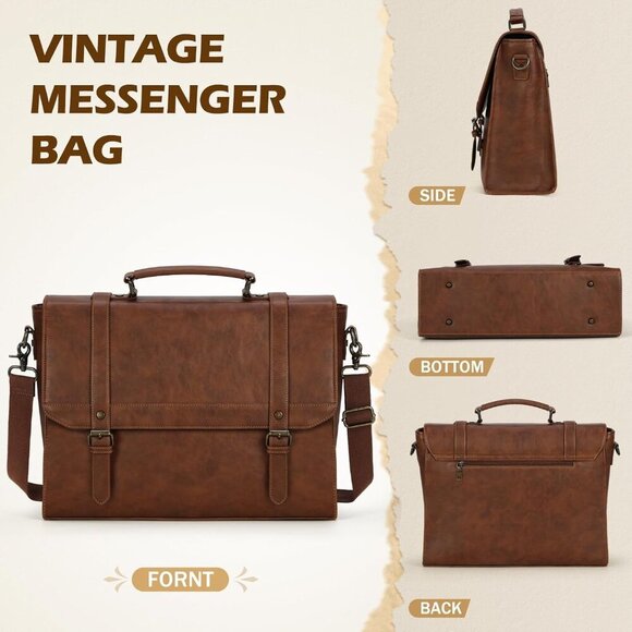🆕 Men Brown Vintage Leather Laptop Computer Retro Work Business Shoulder Bag - Picture 5 of 6